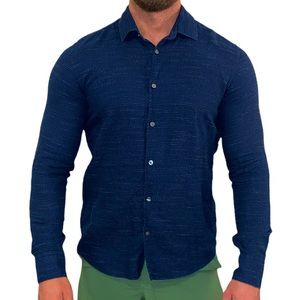 Hugo Boss mens navy blue, dotted pinstriping button-down shirt. NWOT, Size L